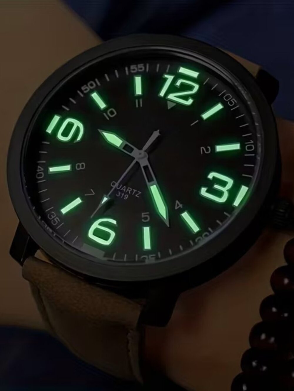 Military Style Luminous Glow Dial Quartz Analog Watch Brown Band Black Case Mens